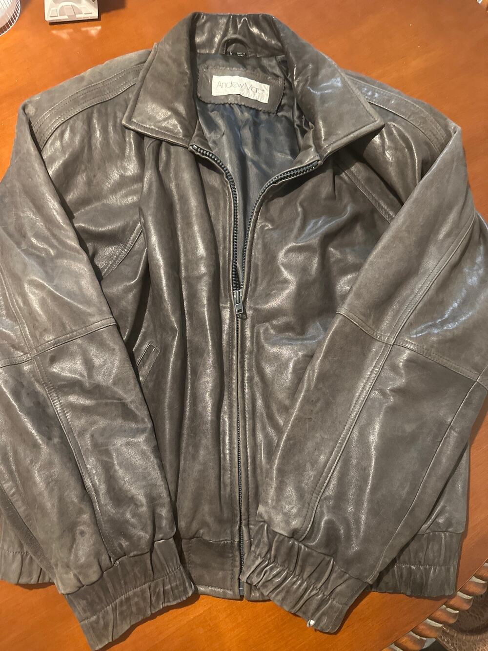 Andrew Marc Men’s Leather Bomber Jacket Gray Zip Up Sz L